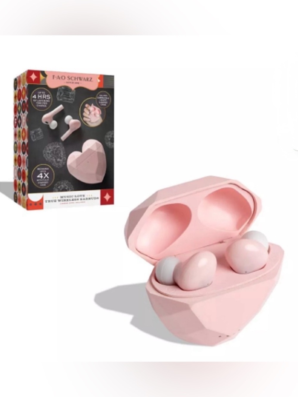 FAO Schwarz Pink Heart-Shaped True Wireless Earbuds with Geometric Case
